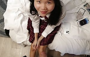 POV cute 18yo Japanese schoolgirl acquires a huge facial after that babe sucks say no to stepdads Hawkshaw to thank him for say no to new phone