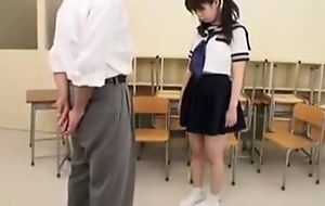 Ponytailed Japanese schoolgirl has an granddad playing her h